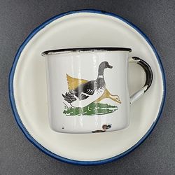 Enamel kids cup and saucer Geese USSR 1960s