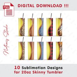 10 Softball Print Templates - Seamless Sublimation Patterns - 20oz SKINNY TUMBLER - Full Tumbler Wrap
