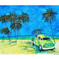 Summer Landscape Original Watercolor Tropical Art Car Painting Palm Trees Artwork Beach Painting California Coast 8 x 10