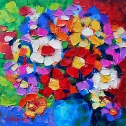 Daisy Painting Abstract Original Art Flower Painting Floral Colorful Small Art Rainbow Still Life 8"x 8" By Colibri Art