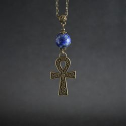 Ankh Lapis Lazuli Necklace Gemstone antique bronze egyptian key cross necklace