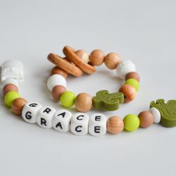 personalized pacifier clip and custom rattle gift set | baby shower gift set