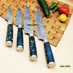 4 Pcs Custom Handmade Damascus Steel Chef Knife Set Kitchen Knives Set With Roll Bag, Handmade Knives, Custom Knife Set