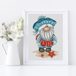 Sailor gnome cross stitch pattern PDF, seaman gnome, nautical cross stitch, summer cross stitch, funny cross stitch