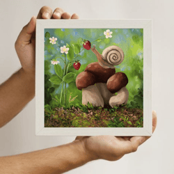 Painting with Snail Strawberry 8x8 inches on Cardboard Nature Painting Oil Painting Mushrooms Wall Art Snail Life Artwor