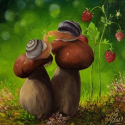 Painting Two Snails on Mushrooms 8x8inc on Cardboard Nature Painting Oil Painting Strawberry Wall Art Snail Life Artwork