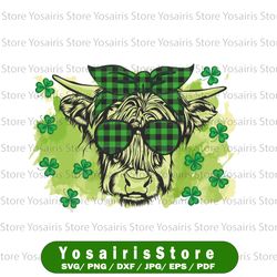 highland cow with turban and clover png download saint patricks day sublimation design watercolor buffalo plaid