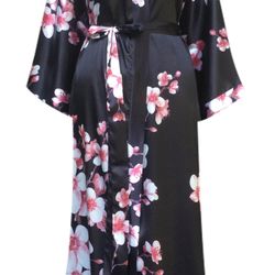 long robes black sakura women's, bridesmaid robe, bridal party gift , kimono robe, wedding robe,beach kimono