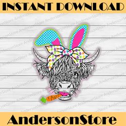 cute highland cow easter bunny cow girls easter day farmer easter day png, happy easter day sublimation design