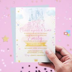 Watercolor Princess birthday party invitation, personalized birthday invite, princess castle invitation for girl