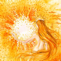 Sun Goddess Painting Sun Goddess Art Sun God Artwork Solar Goddess Watercolor Fantasy Handmade. MADE TO ORDER