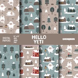 Christmas Digital Paper, Yeti Seamless Patterns, Yeti Digital Paper, Bigfoot Pattern, Bigfoot Digital Paper