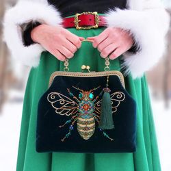 Royal Bee Emerald Velvet Beaded Evening Bag with Personalisation