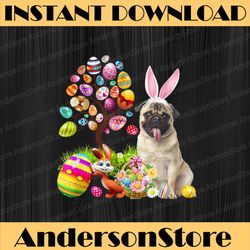 bunny fawn pug dog happy easter eggs tree easter day png, happy easter day sublimation design