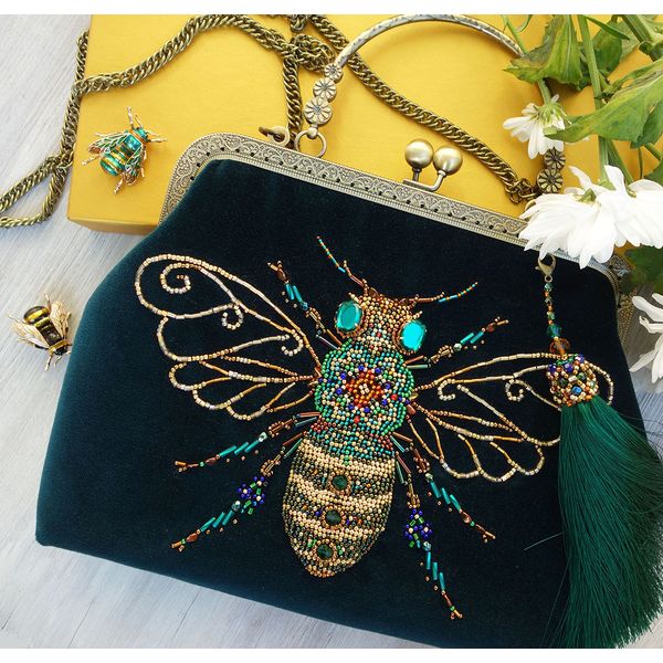 Golden bee emerald velvet beaded party bag with monogram - Inspire Uplift