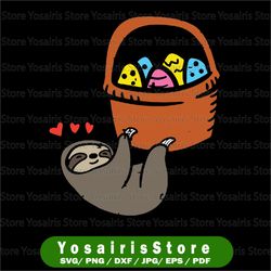 easter sloth hanging egg basket svg, cute animal svg, cute easter sloths clipart
