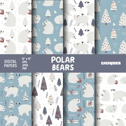 Polar Bears Seamless Patterns, Christmas Digital Paper, Arctic Bear Paper, Arctic Bear Patterns