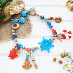 Nautical wooden stroller mobile chain sea personalized for baby - ocean pram garland with name car seat hanging mobile