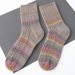 Dusty pink wool women socks. Stripped socks. Gift for her.