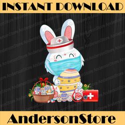 cute bunny easter face mask nurse with eggs stethoscope easter day png, happy easter day sublimation design