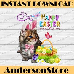 cute kitten happy easter cat bunny ears & eggs easter day png, happy easter day sublimation design