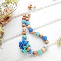 Breastfeeding nursing necklace wooden crochet blue mint - new mom natural crochet wood mama jewelry - expecting mom gift