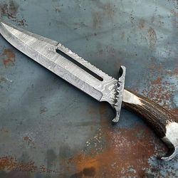 Hunting Knife Hand Forged Damascus Steel Custom Made Bowie Knife Heat Treated Brine Solution Quenched Sharp Edges