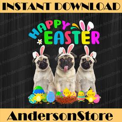 happy easter three pug wearing bunny ear pug lover easter day png, happy easter day sublimation design