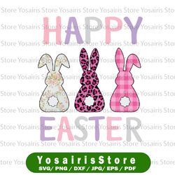 happy easter cute pink leopard plaid flower png, bunny png, easter bunny png, cute easter png