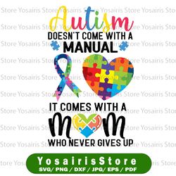 autism doesn't come with a manual it comes with a mom who never gives up svg, autism awareness svg, autism svg