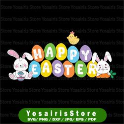 happy easter eggs svg, easter svg, easter bunny eggs with bunny rabbits svg, cricut, silhouette cut file