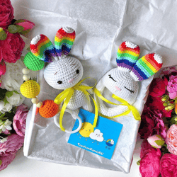 Baby rattle, stroller toy. Baby gift box rainbow bunny