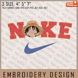 luffy nike embroidery files, nike embroidery, one piece, anime inspired embroidery design, machine embroidery design