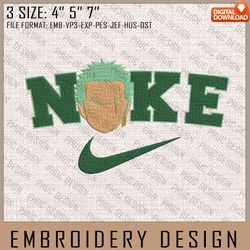 zoro nike embroidery files, nike embroidery, one piece, anime inspired embroidery design, machine embroidery design