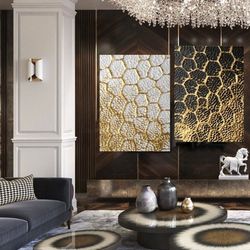 set of 2 painting gold leaf abstract, modern acrylic painting on canvas, large gold leaf abstract painting