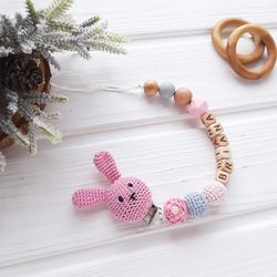 Personalized dummy clip animal bunny for boy girl - crochet pacifier clip holder blue - Schnullerkette mit Namen