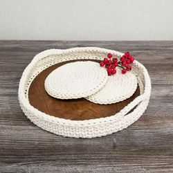 Crochet serving tray 2 napkins Serving dish Crochet coaster Coffee tray Table decoration Cotton tray Gift