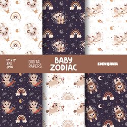 baby zodiac sign digital paper, zodiac seamless pattern