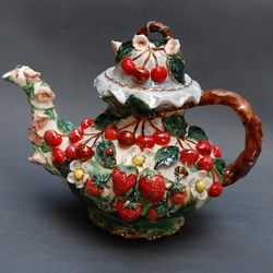 art teapot berries and flowers handmade botanical porcelain teapot cherry,  strawberries decor