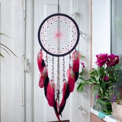 Dream catcher large red | Red black beaded Dreamcatcher Native American style | Yjusewarming gift idea