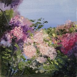 blooming lilac, flowers in oil, lilac in oil, canvas on fiberboard, flowers as a gift