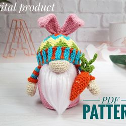 Crochet pattern Easter bunny gnome with carrot, Crochet gnome amigurumi pattern, Crochet Easter gnome pattern