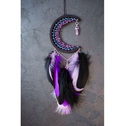 Purple crescent moon dream catcher with amethyst crystal | | Moon dream catcher | Amethyst purple dreamcatcher for girl