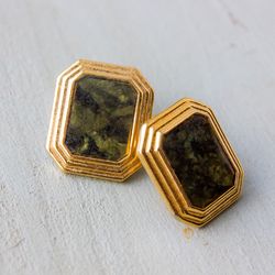 vintage avon earrings gold studs green stone