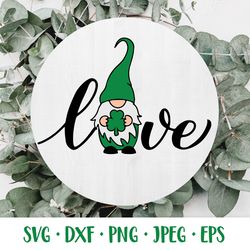 love patricks day hand lettered design with gnome svg