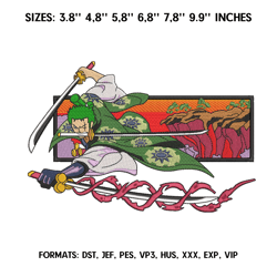 zoro embroidery design pes file/ one piece anime embroidery design/ machine  design pes. swoosh roronoa zoro embroidery