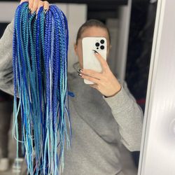 Blue Navy Turquoise White mix ombre Braids synthetic twisted smooth double ended de dreadlocks FULL SET (60 pcs DE)