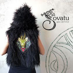 Hooded eco-fur vest with deer embroidery / Mongolian Lamb Fur / Black Sheep Eco-Fur Gilet / Festival Waistcoat with big
