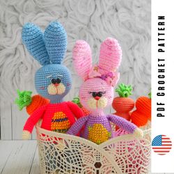 Crochet Easter rabbit pattern, amigurumi bunny toy, PDF patterns rabbit and carrot by CrochetToysForKids