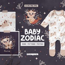Baby Zodiac Clipart, Zodiac PNG, Zodiac Seamless Patterns, Zodiac Sign